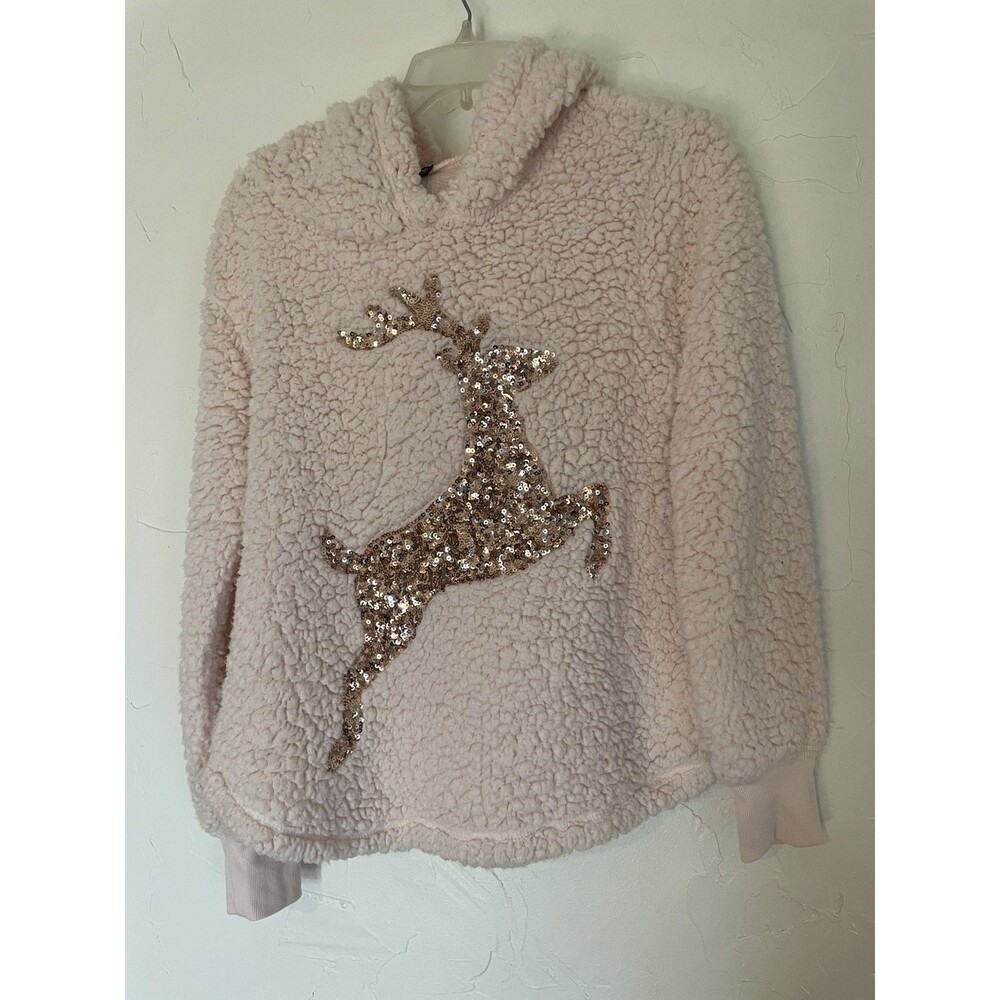 Miss Chievous Women's M Light Pink Lightweight Pullover Sequin Deer Hoodie